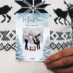 Christmas photo winter landscape holiday card<br><div class="desc">Watercolored winter forest as background.  Personalize and add your family name and a photo.  Merry Christmas written with a trendy handlettered style script.</div>