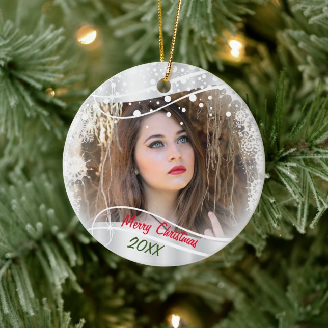 Christmas Photo with Snowflakes on White Ceramic Ornament (Tree)