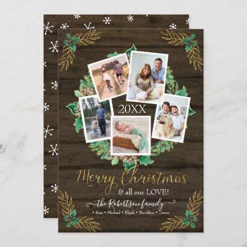 Christmas Photo Wreath Gold Rustic Watercolor Holiday Card