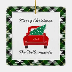 Christmas Photo Year Name Red Truck Green Plaid Ceramic Ornament