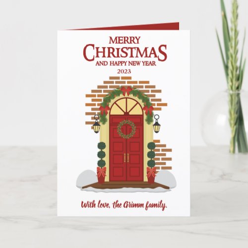 Christmas photocard Red White wreath door Holiday Card