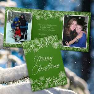 Christmas Photos Green Snowflakes Tri-Fold Holiday Card