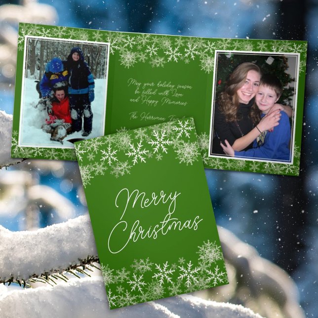  Christmas Photos Green Snowflakes Tri-Fold Holiday Card (Creator Uploaded)