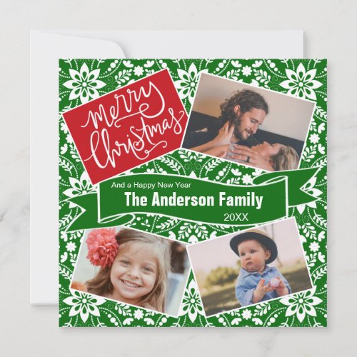 Christmas Photos Red Green Folk Floral Pattern Holiday Card