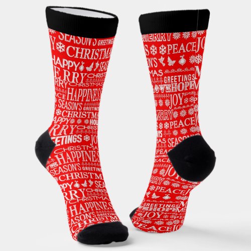 Christmas phrases text pattern in red and white socks