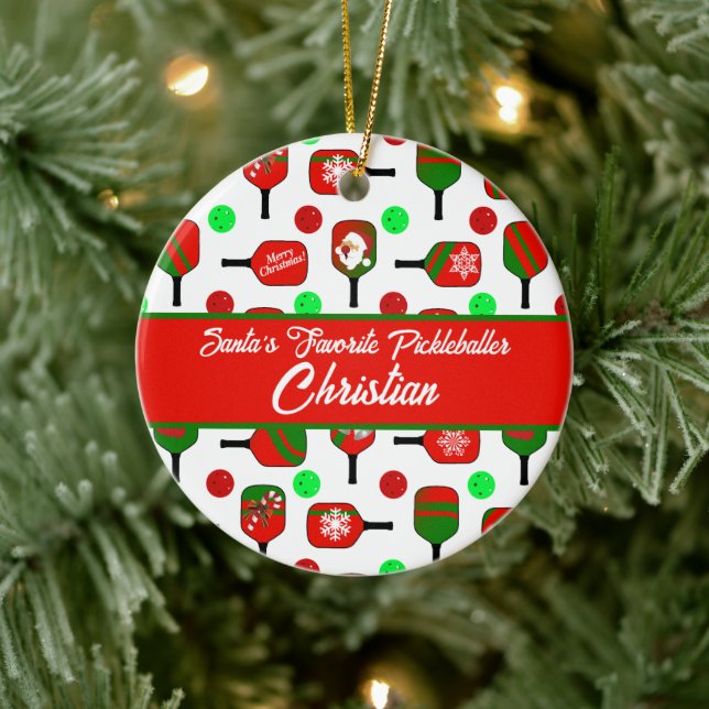 Christmas Pickleball Paddles Festive Red and Green Ceramic Ornament (Tree)