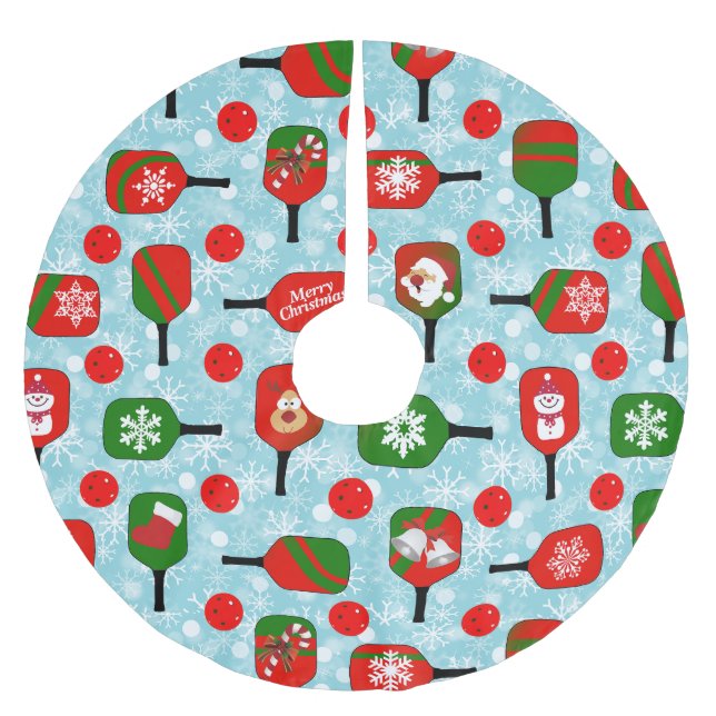 Christmas Pickleball Red Green Blue Snowflakes Brushed Polyester Tree Skirt (Front)