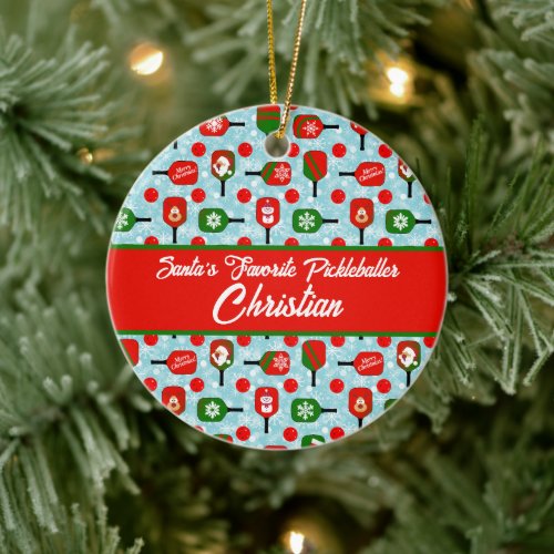 Christmas Pickleball Red Green Blue Snowflakes Ceramic Ornament