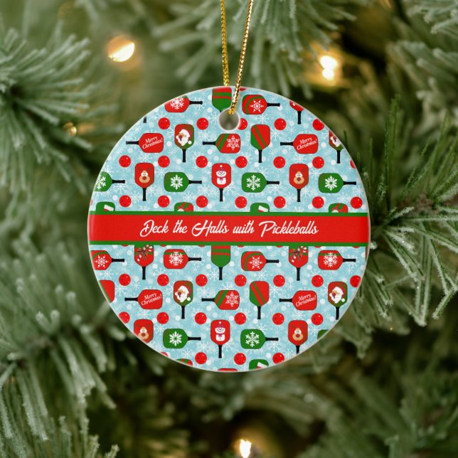 Christmas Pickleball Red Green Blue Snowflakes Ceramic Ornament (Tree)