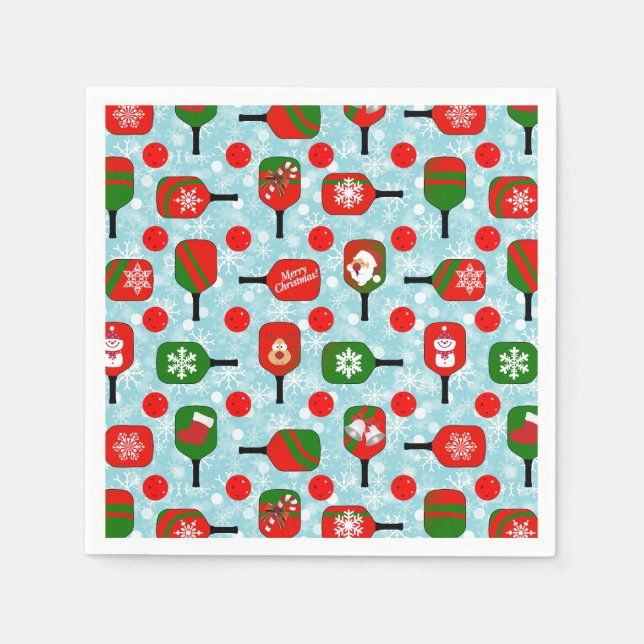 Christmas Pickleball Red Green Blue Snowflakes Napkins (Front)