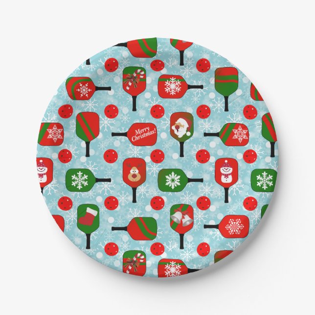 Christmas Pickleball Red Green Blue Snowflakes Paper Plates (Front)
