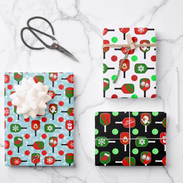 Christmas Pickleball Red Green Blue Snowflakes Wrapping Paper Sheets (Front)