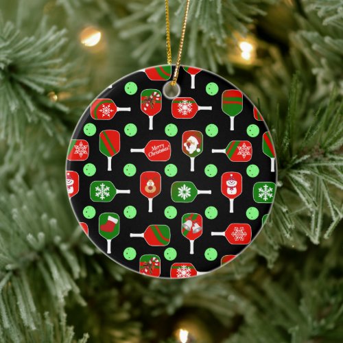 Christmas Pickleball Red Green Paddles Balls Black Ceramic Ornament