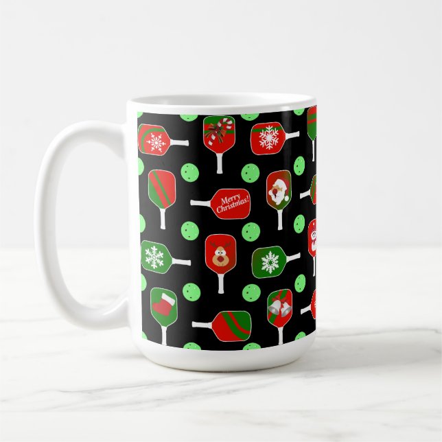 Christmas Pickleball Red Green Paddles Balls Black Coffee Mug (Left)