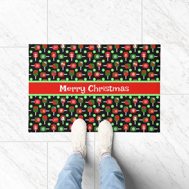 Christmas Pickleball Red Green Paddles Balls Black Doormat (Indoor)