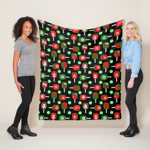 Christmas Pickleball Red Green Paddles Balls Black Fleece Blanket