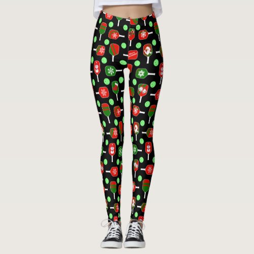 Christmas Pickleball Red Green Paddles Balls Black Leggings