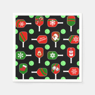 Christmas Pickleball Red Green Paddles Balls Black Napkins