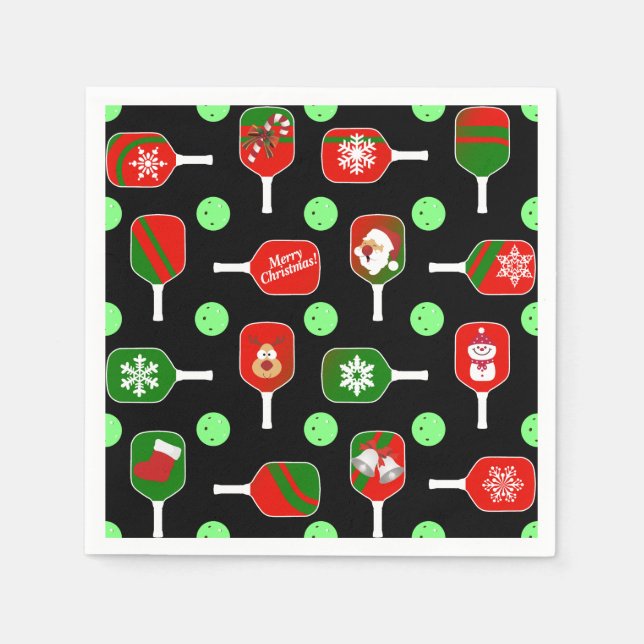 Christmas Pickleball Red Green Paddles Balls Black Napkins (Front)