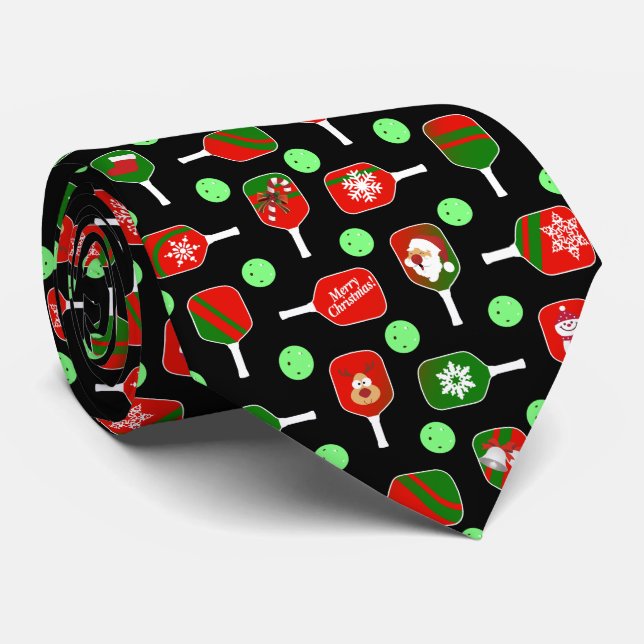 Christmas Pickleball Red Green Paddles Balls Black Neck Tie (Rolled)