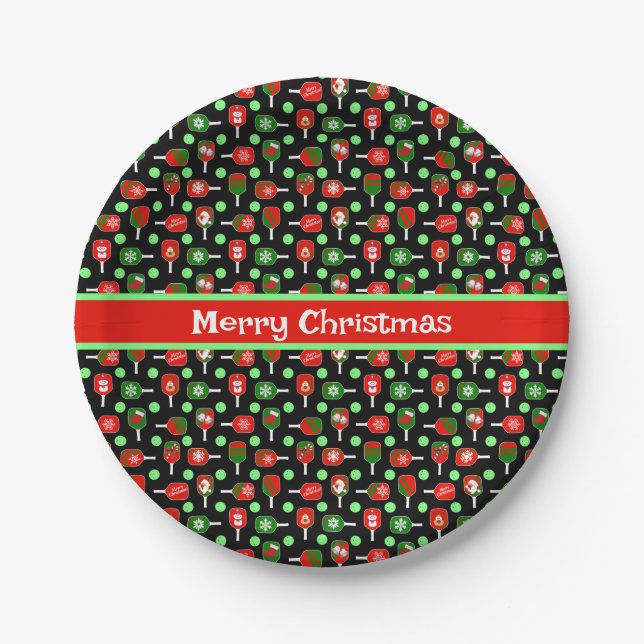 Christmas Pickleball Red Green Paddles Balls Black Paper Plates (Front)