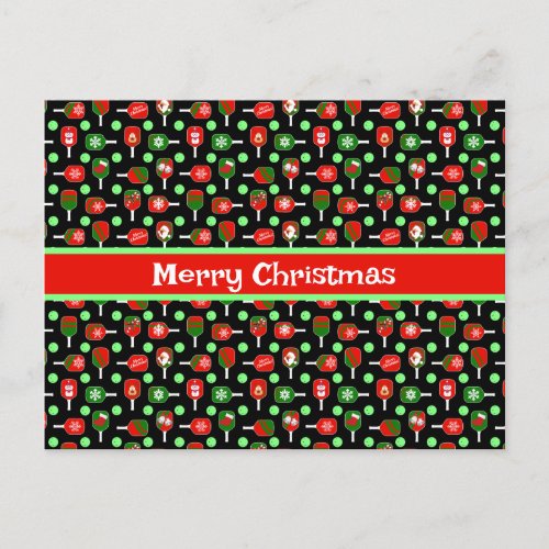 Christmas Pickleball Red Green Paddles Balls Black Postcard