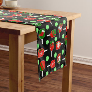 Christmas Pickleball Red Green Paddles Balls Black Short Table Runner