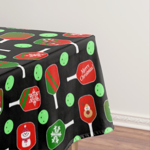 Christmas Pickleball Red Green Paddles Balls Black Tablecloth