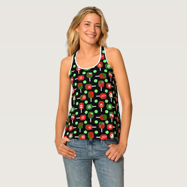 Christmas Pickleball Red Green Paddles Balls Black Tank Top (Front Full)