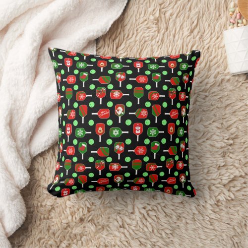 Christmas Pickleball Red Green Paddles Balls Black Throw Pillow