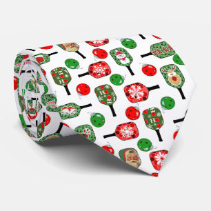 Christmas Pickleball Red & Green Paddles Balls Fun Neck Tie