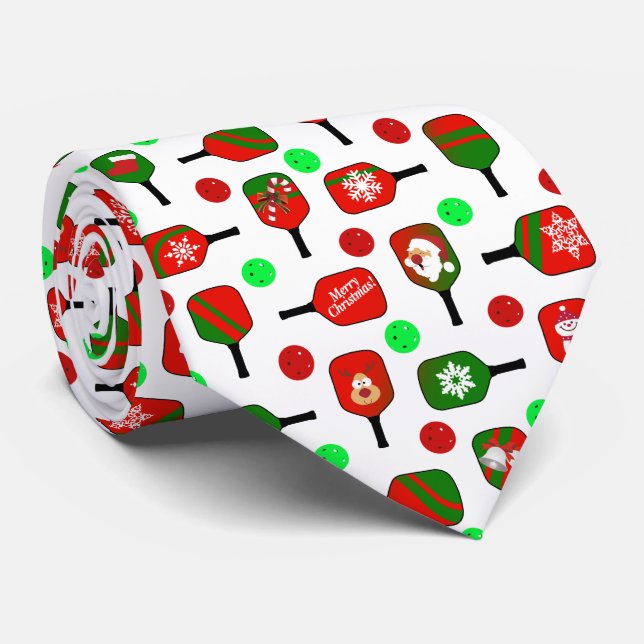 Christmas Pickleball Red Green Paddles Balls X-Mas Neck Tie (Rolled)