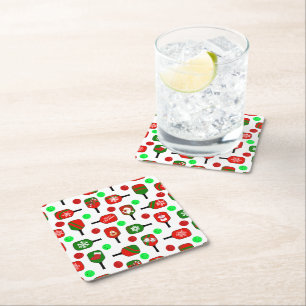 Christmas Pickleball Red Green Paddles Balls X-Mas Square Paper Coaster