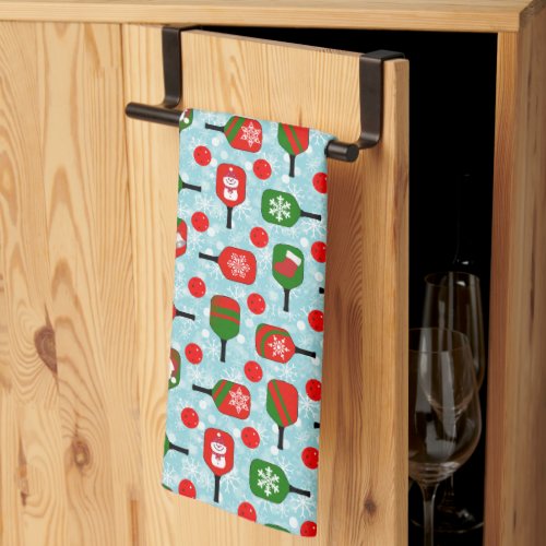 Christmas Pickleball Red Green Snowflakes Blue Kitchen Towel