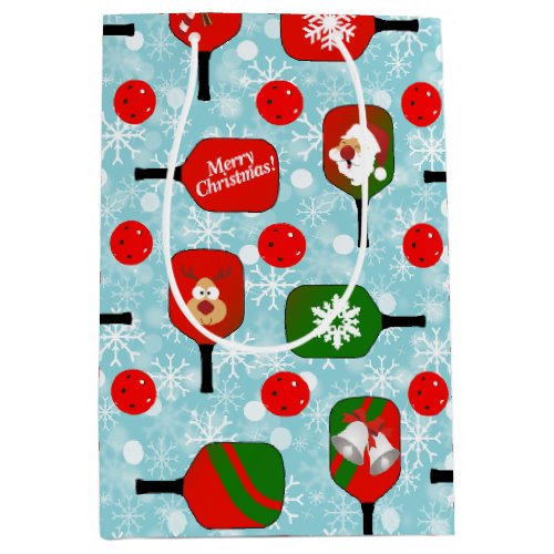 Christmas Pickleball Red Green Snowflakes Blue Medium Gift Bag