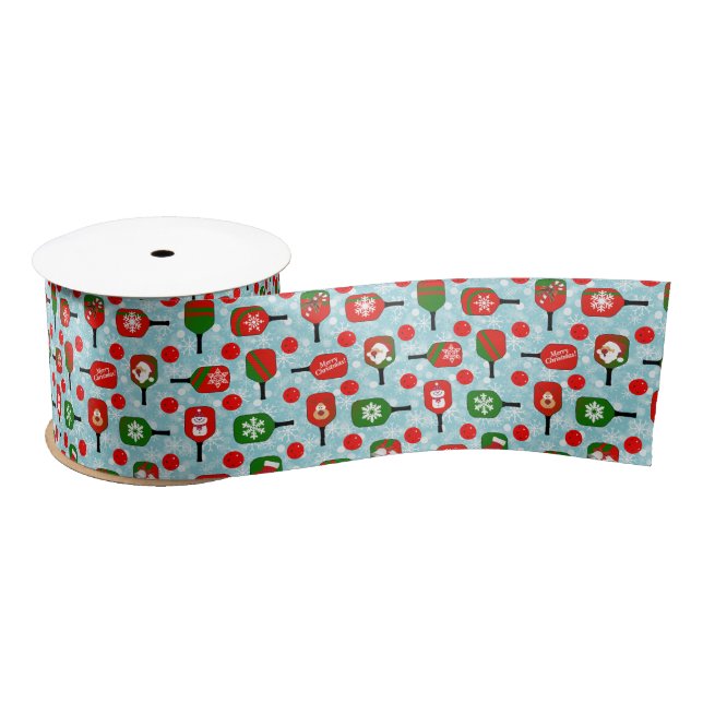 Christmas Pickleball Red Green Snowflakes Blue Satin Ribbon (Spool)