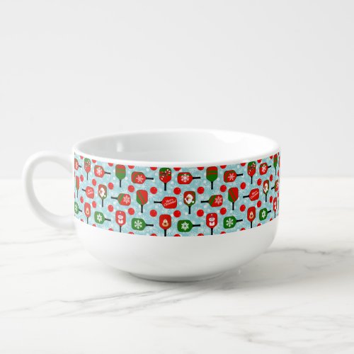 Christmas Pickleball Red Green Snowflakes Blue Soup Mug