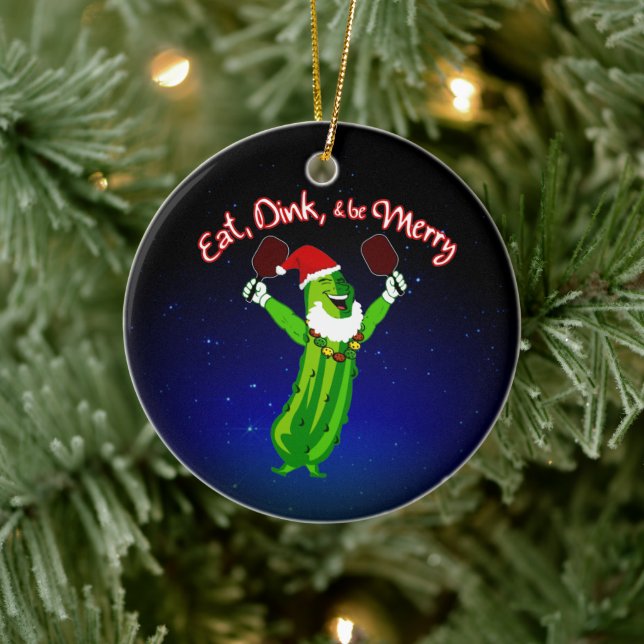 Christmas Pickleball Santa Hat Pickle Ceramic Ornament (Tree)
