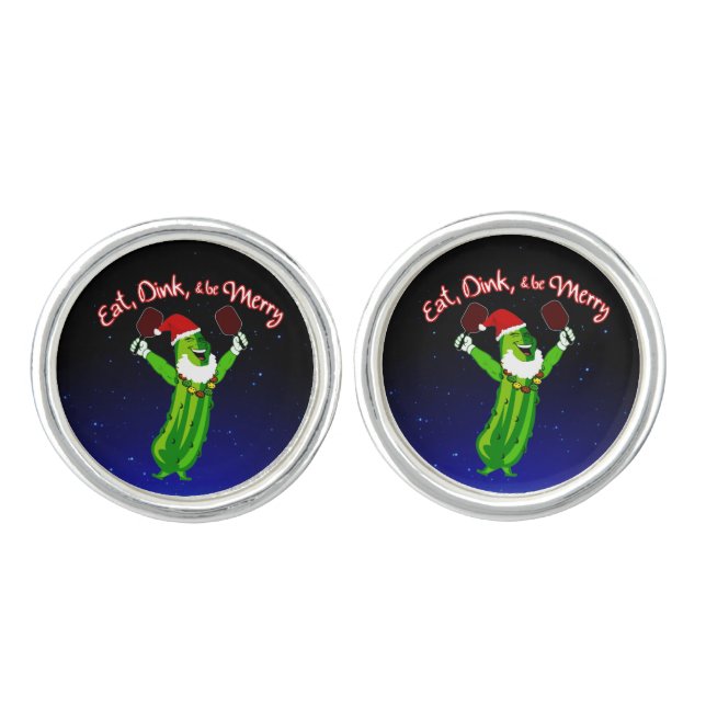 Christmas Pickleball Santa Hat Pickle Cufflinks (Front)