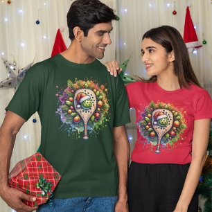 Christmas Pickleball Santa Hat Pine Holly Leaves T-Shirt