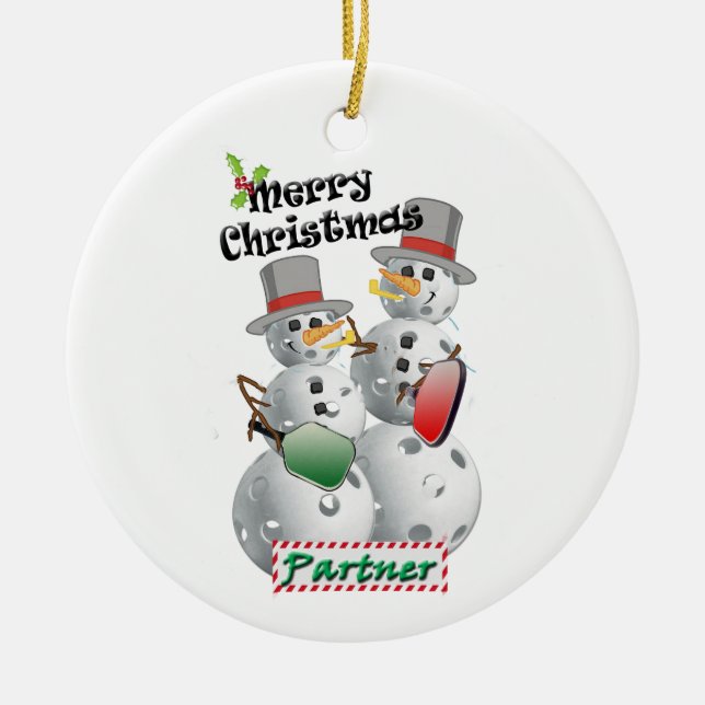 Christmas Pickleball snowman partner Ceramic Ornament (Front)