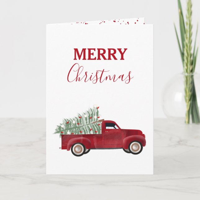 Christmas Pickup Truck Xmas Tree Watercolor Holiday Card (Front)