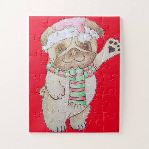 christmas picture of bowing and waving pug jigsaw puzzle