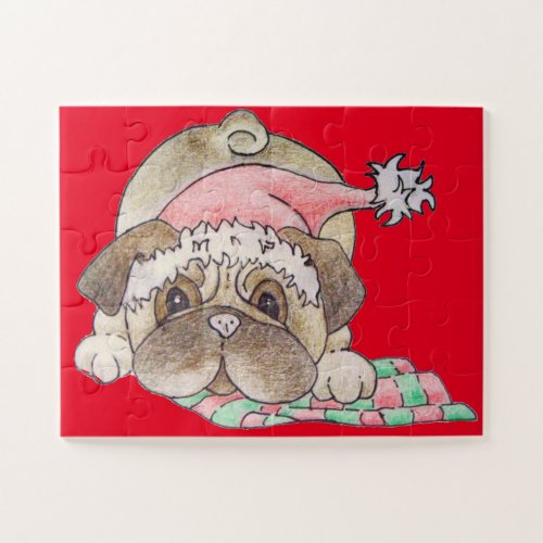 christmas picture of cute pug play bowing jigsaw puzzle