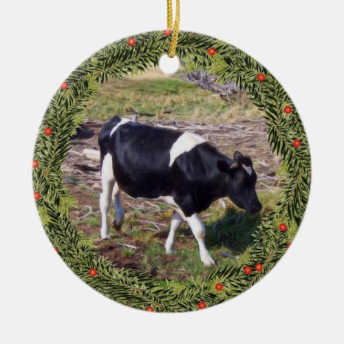 Christmas Piebald Calf Ceramic Ornament