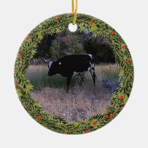 Christmas Piebald Longhorn Ceramic Ornament