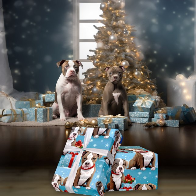 Christmas Piebald PitBull Puppies Red Ribbons Wrapping Paper (Creator Uploaded)