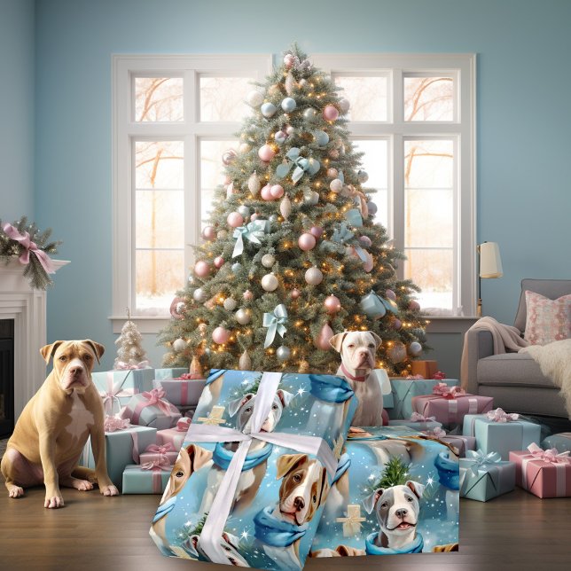 Christmas Piebald Pitbull Pups Blue Scarf  Wrapping Paper (Creator Uploaded)