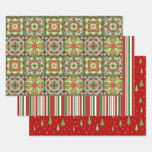 Christmas pieced quilt, stripes and trees Trio Wrapping Paper Sheets