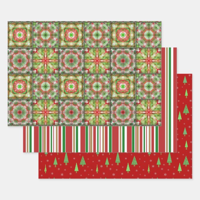 Christmas pieced quilt, stripes and trees Trio Wrapping Paper Sheets (Set)